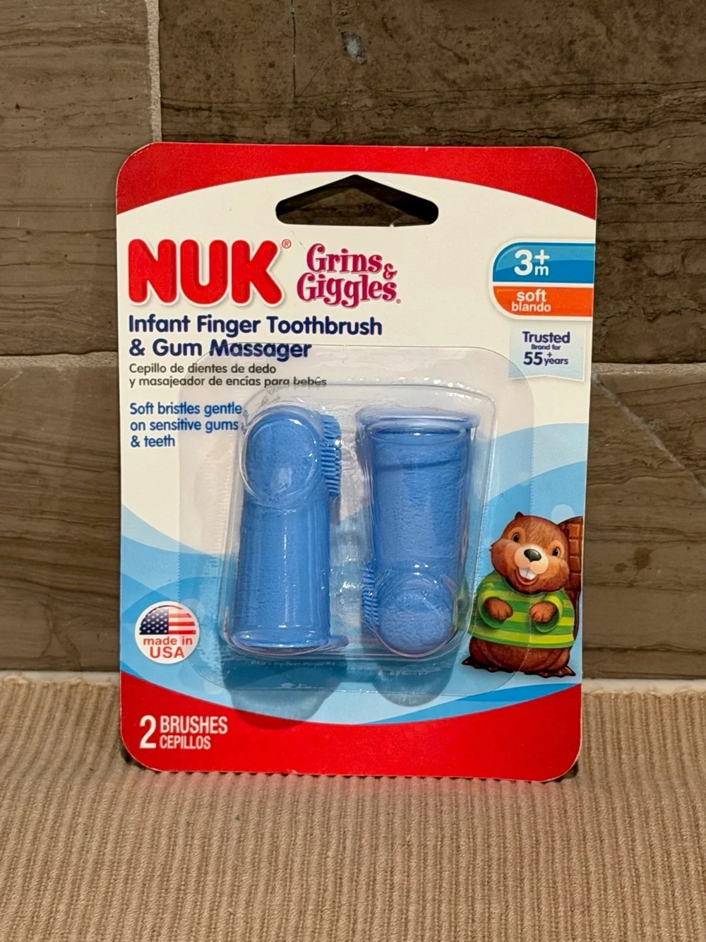 NWT NUK Grins & Giggles Infant Finger Toothbrush & Gum Massager 2 Pack Blue 3m+